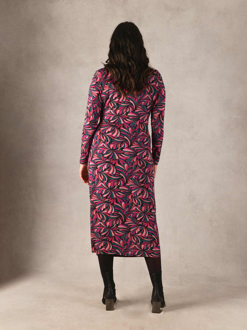 Pink Swirl Print Mock Wrap Jersey Midi Dress