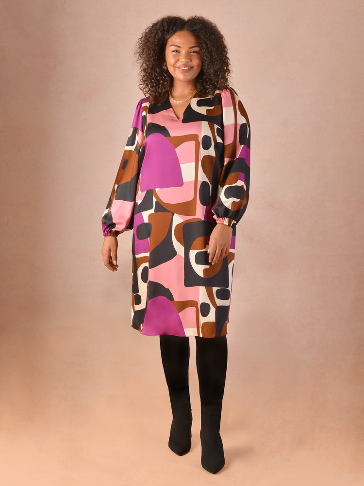 Colour Block Print V-Neck Chuck on Dress