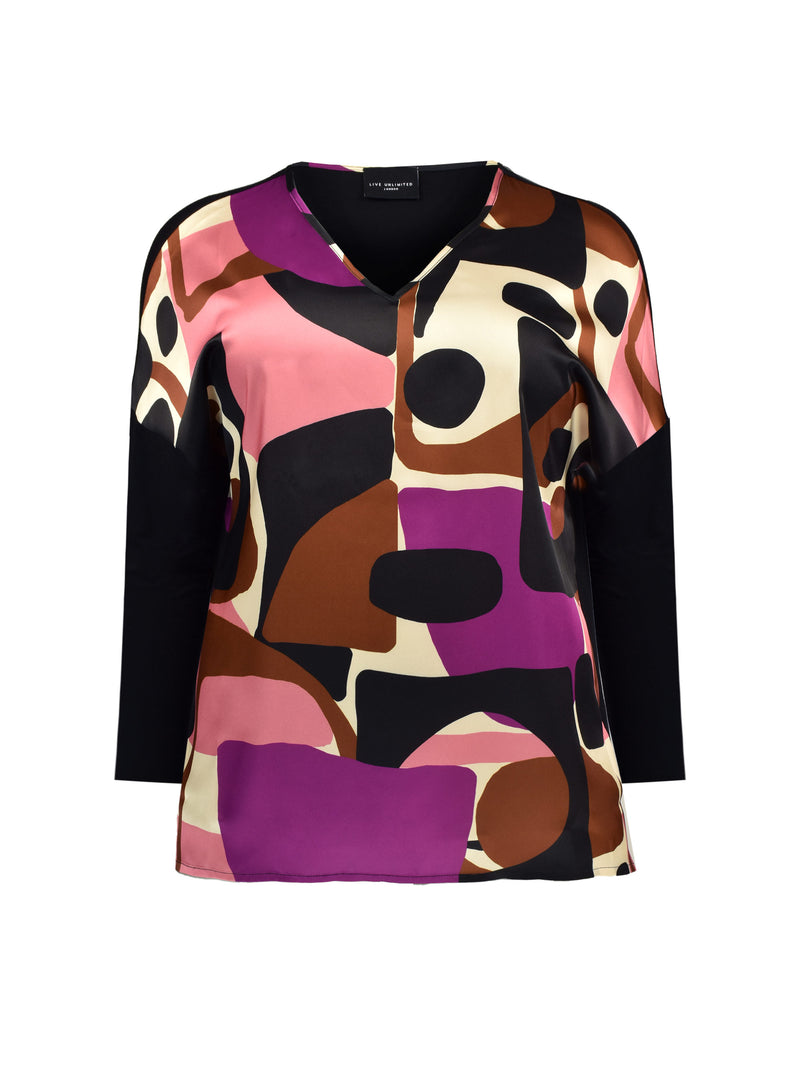 Colour Block Print Satin Front High Low Top