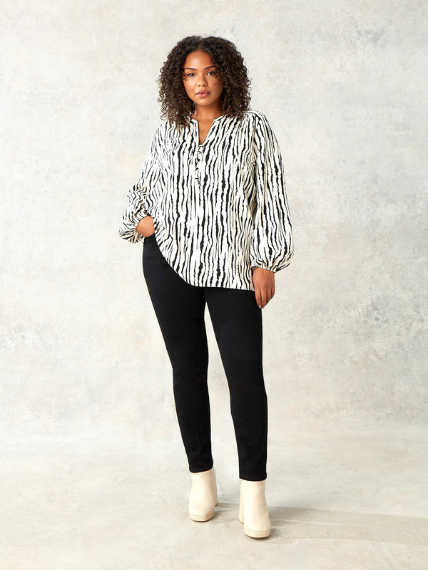 Stone & Black Print Button Front Blouse
