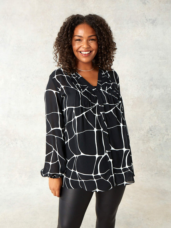 Mono Giraffe Print Pintuck Blouse
