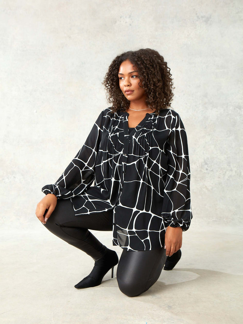 Mono Giraffe Print Pintuck Blouse