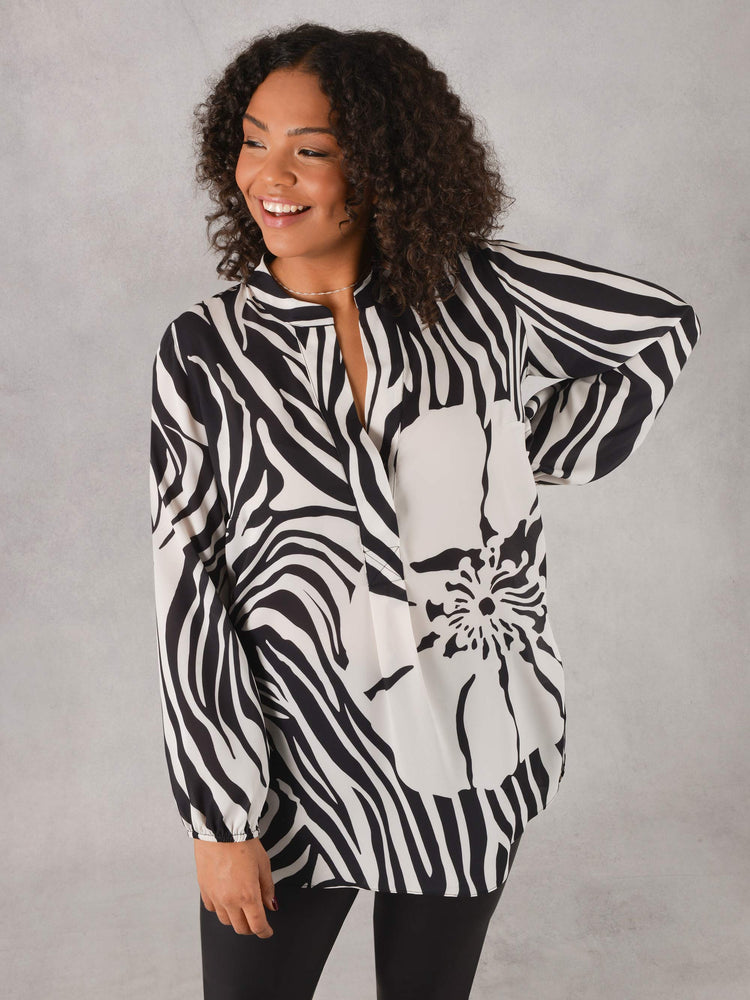 Cream Floral Placement Print Curved Hem Shirt