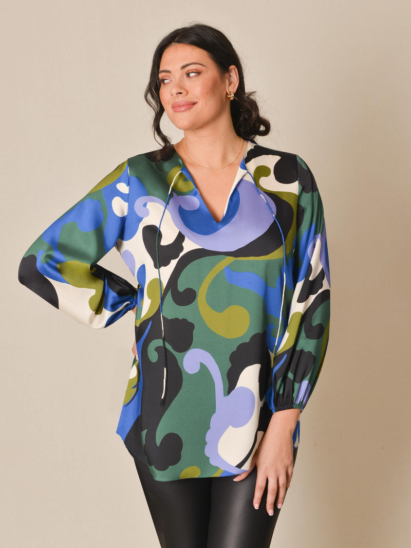 Blue Swirl Print Boho Blouse
