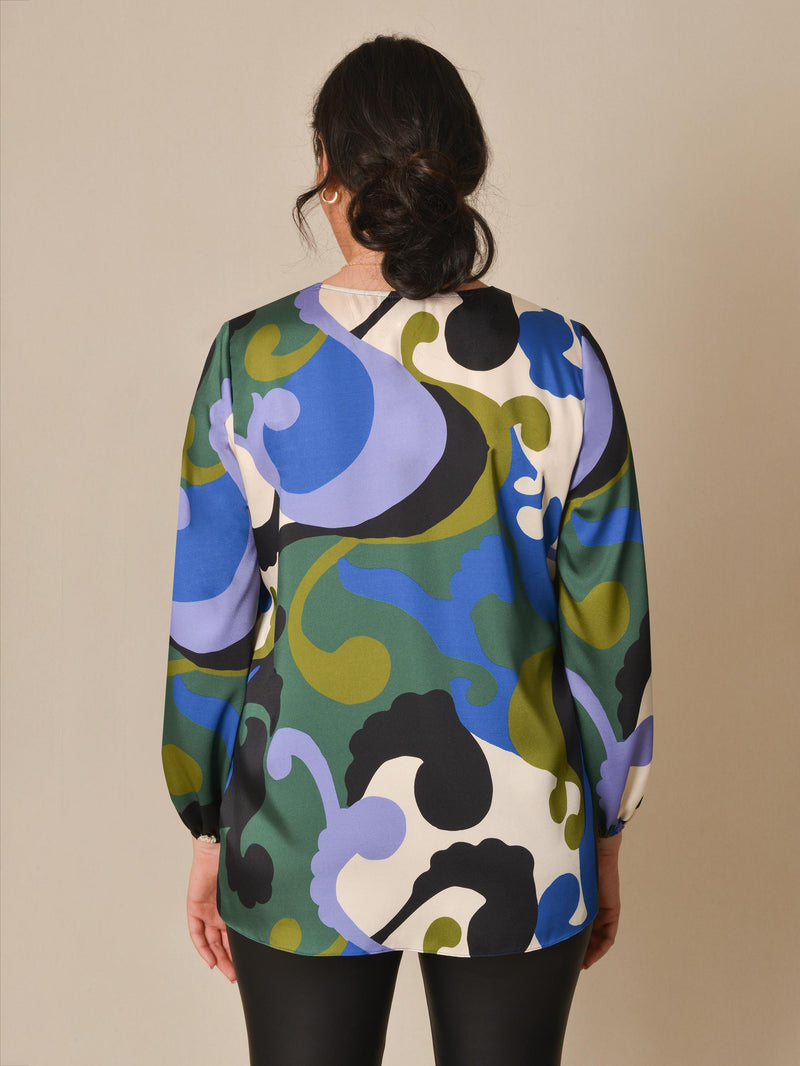 Blue Swirl Print Boho Blouse