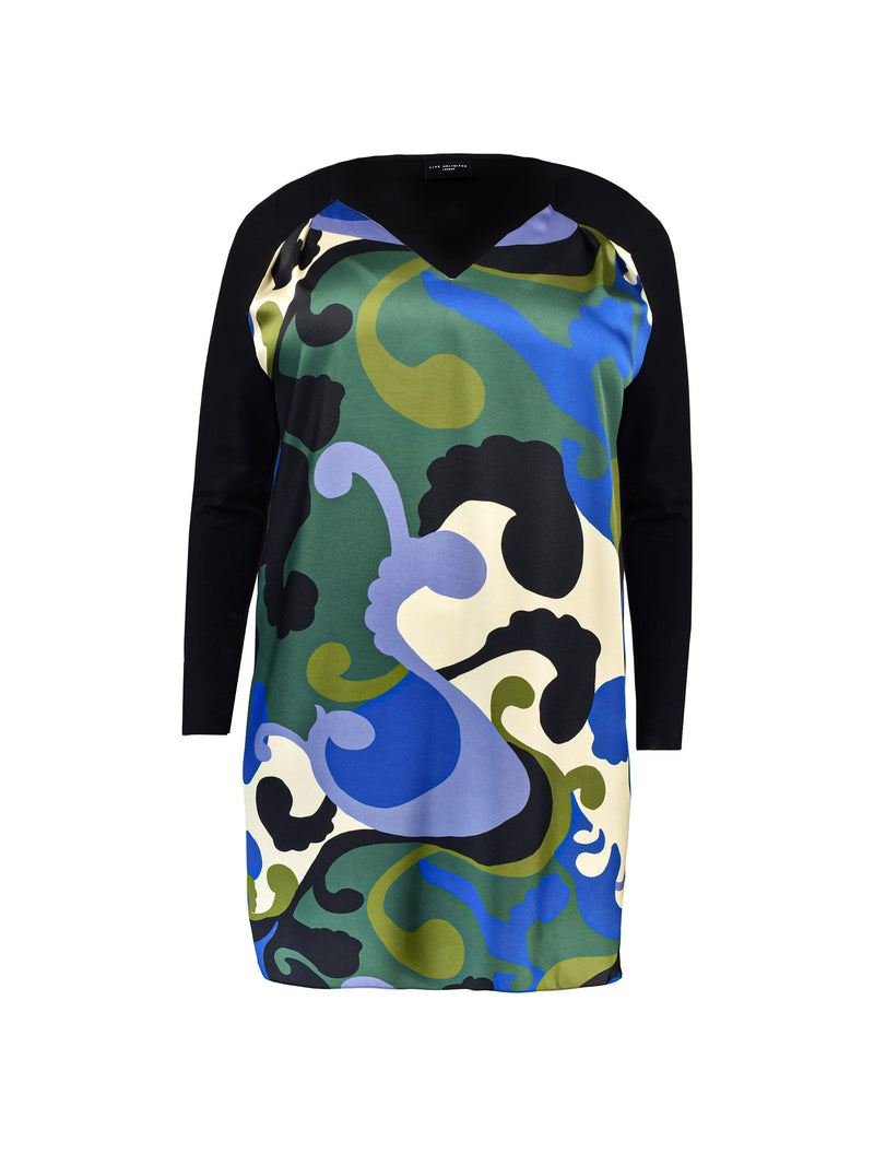 Blue Swirl Print V-Neck Satin Front Dress