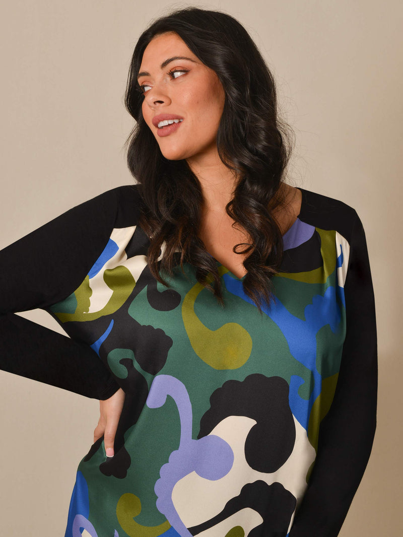 Blue Swirl Print V-Neck Satin Front Dress