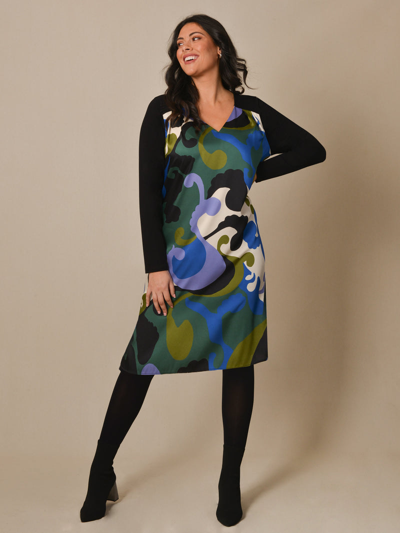 Blue Swirl Print V-Neck Satin Front Dress