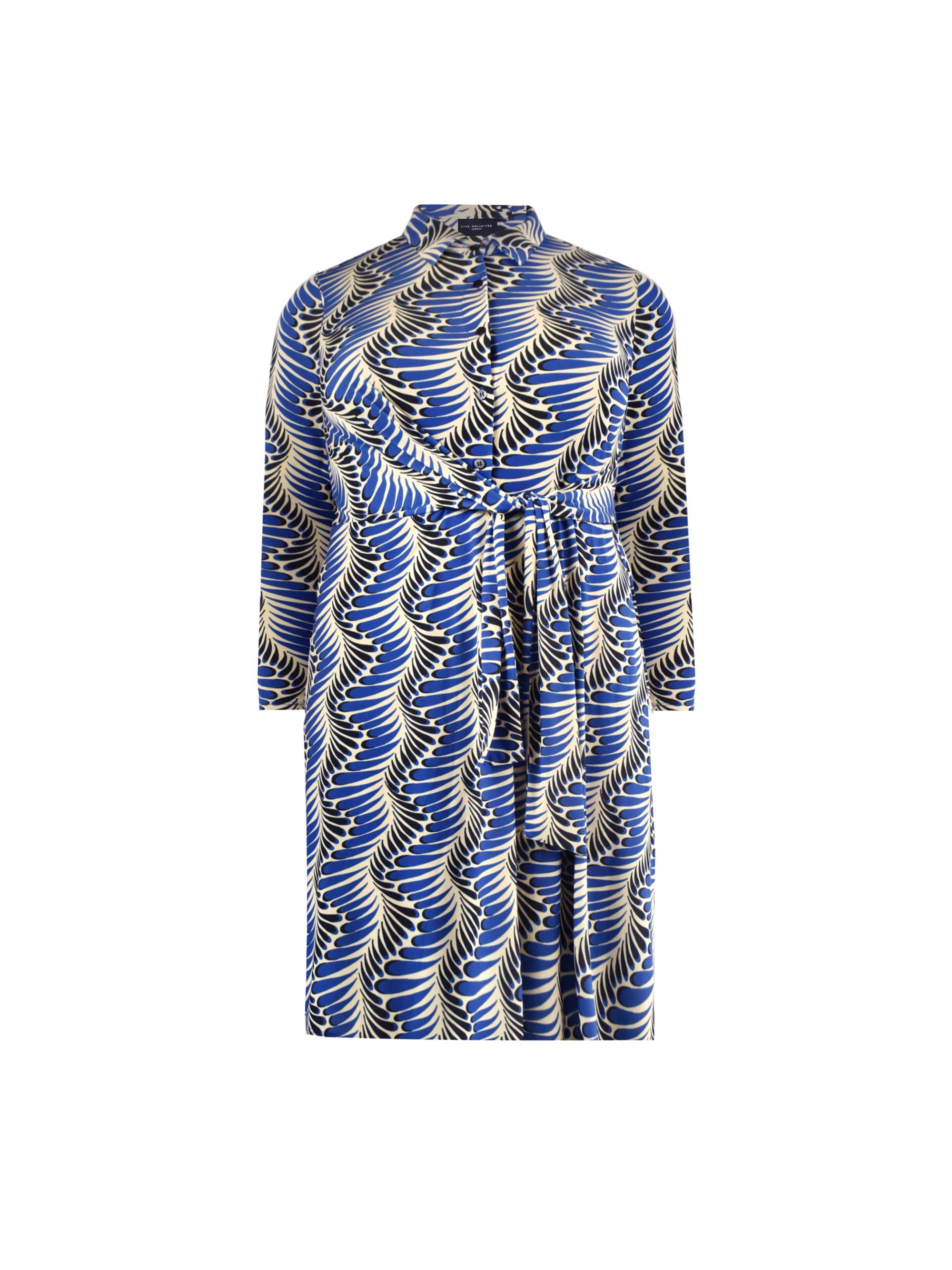 Blue Feather Print Tie Side Jersey Shirt Dress