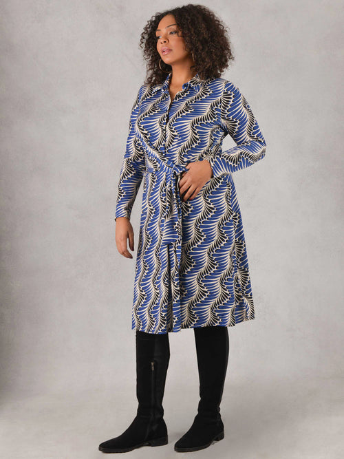 Blue Feather Print Tie Side Jersey Shirt Dress