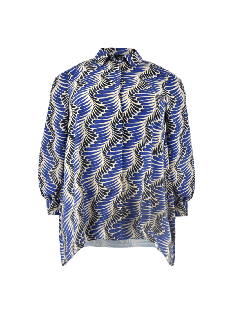Blue Feather Print Hanky Hem Longline Shirt
