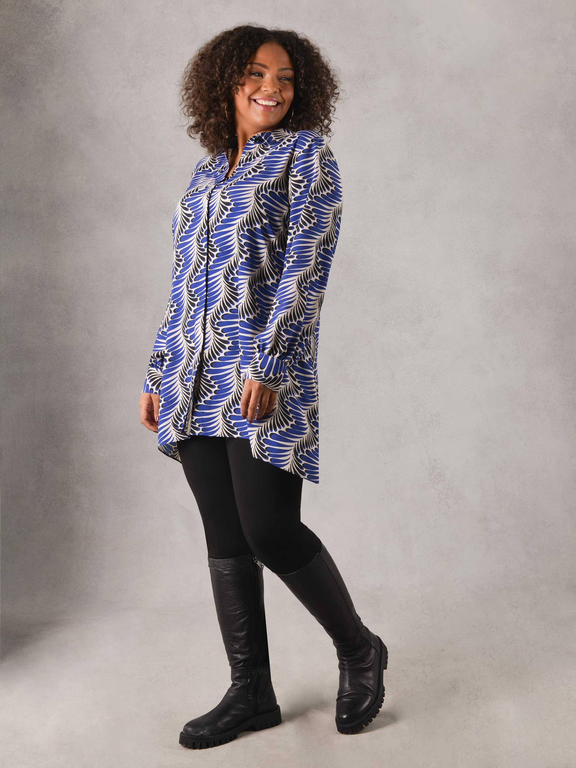 Blue Feather Print Hanky Hem Longline Shirt