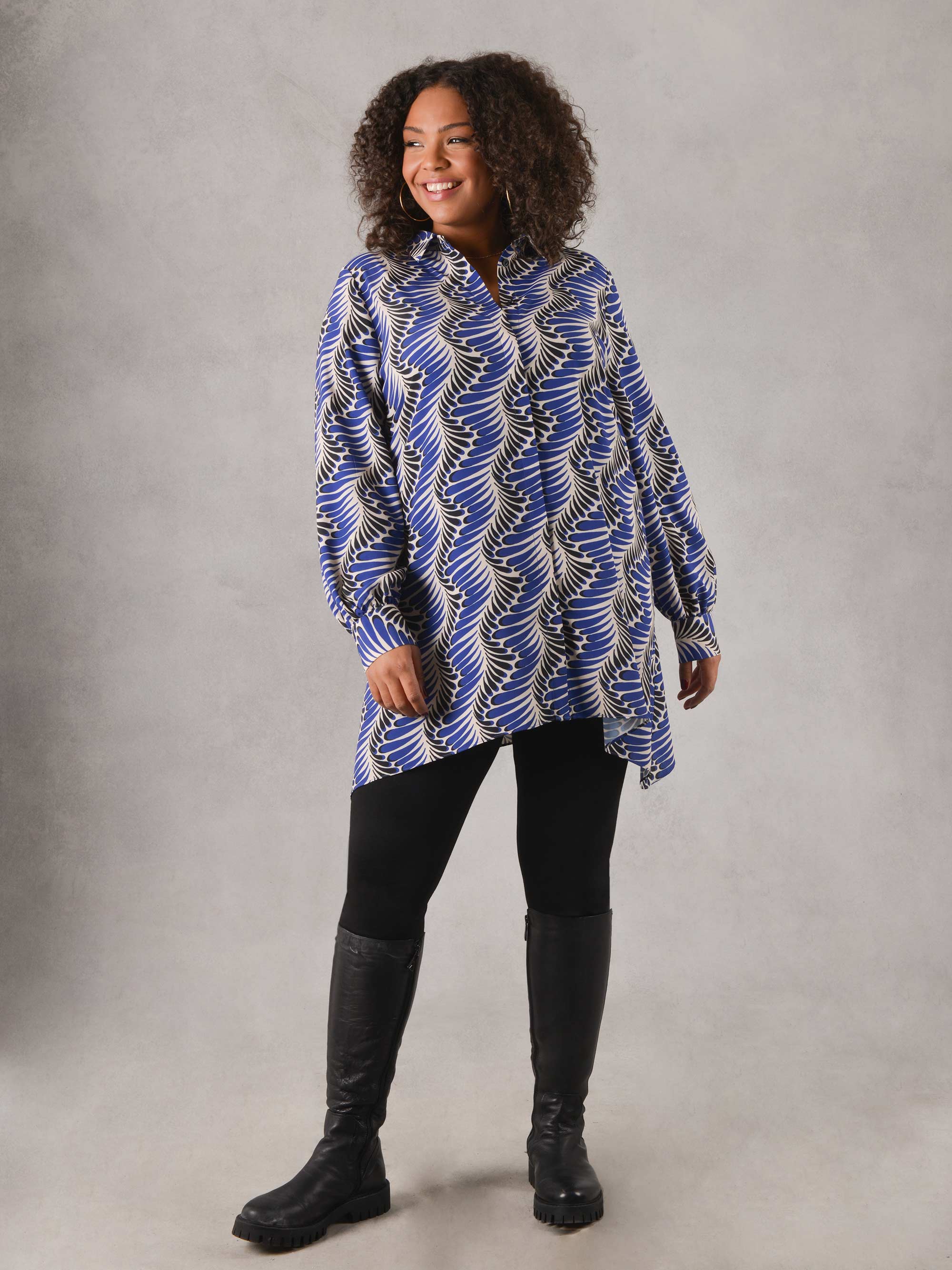 Blue Feather Print Hanky Hem Longline Shirt