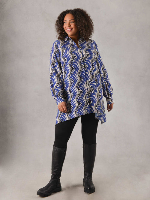 Blue Feather Print Hanky Hem Longline Shirt