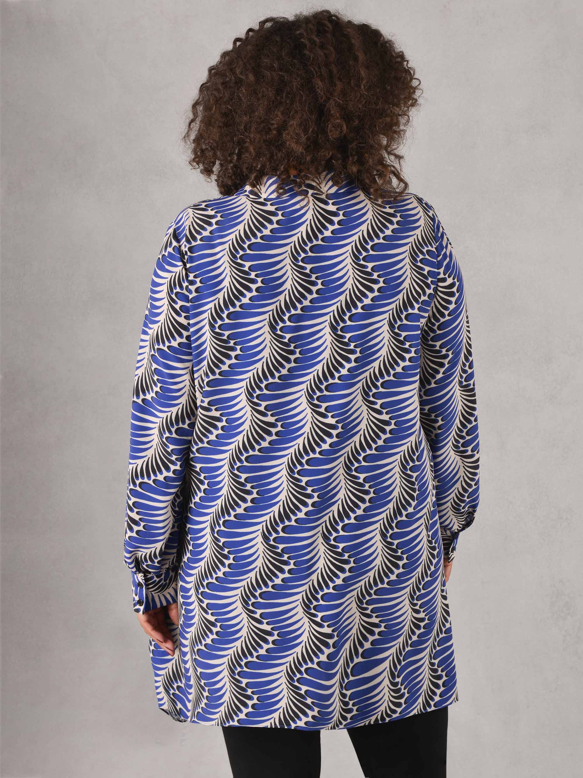 Blue Feather Print Hanky Hem Longline Shirt