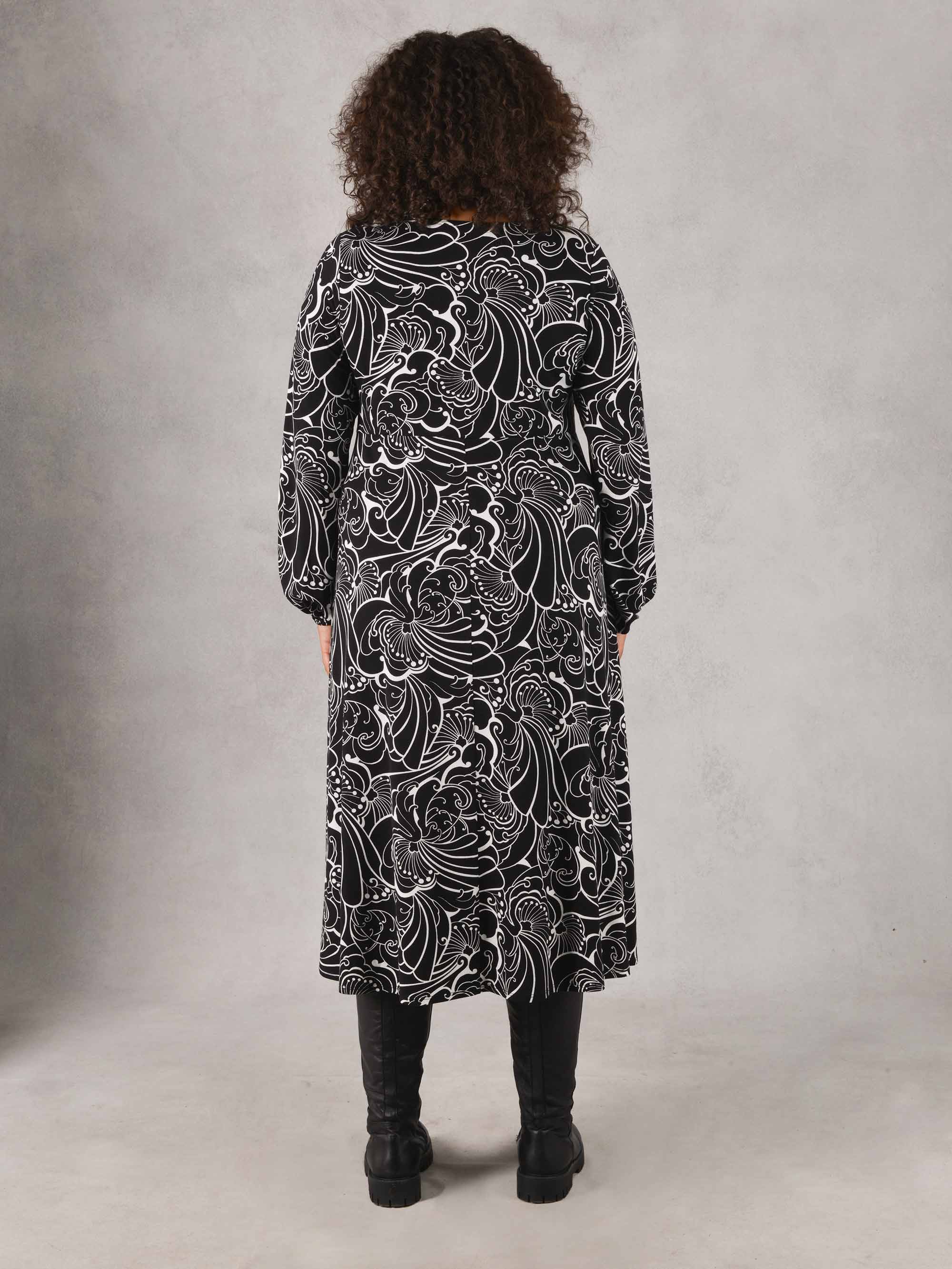 Black Linear Print Knot Front Jersey Midi Dress