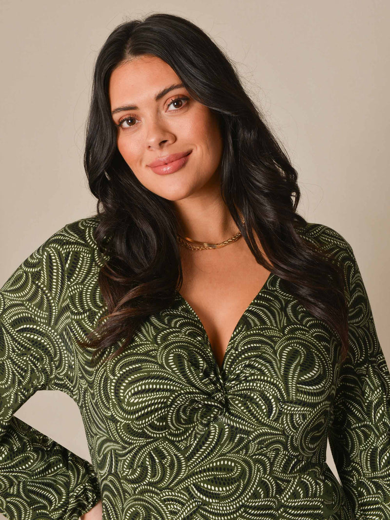 Green Fan Print Knot Front Jersey Midi Dress