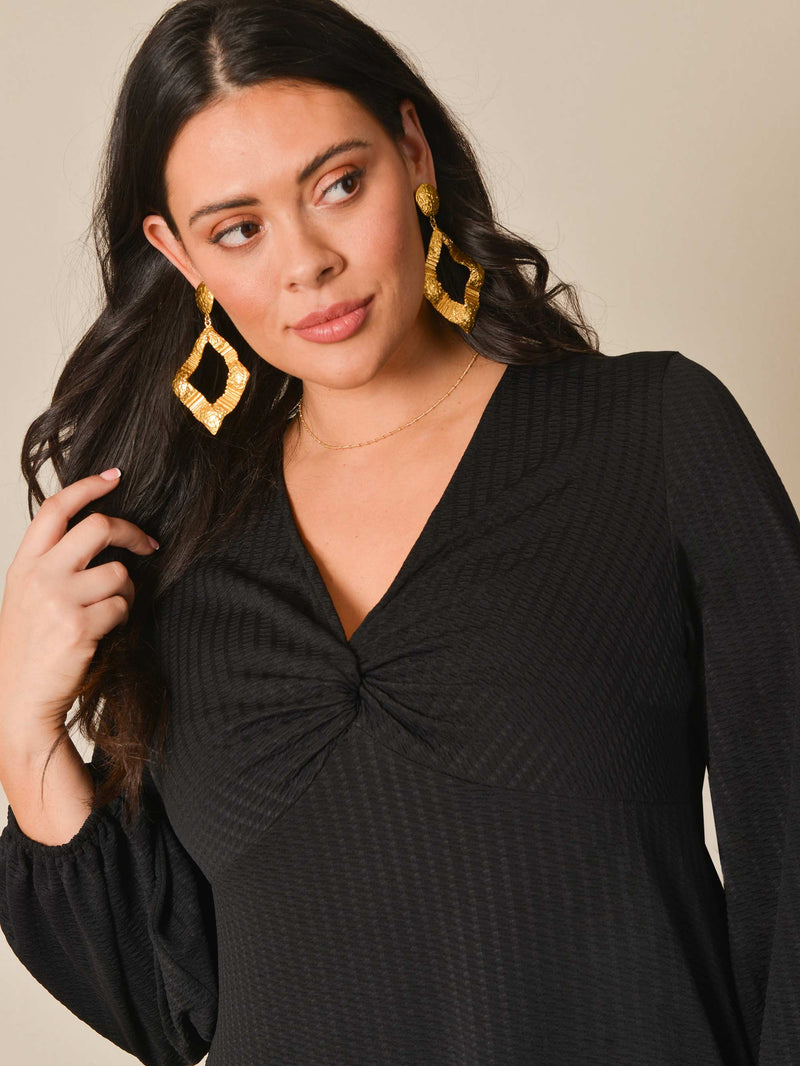 Black Textured Twist Front Jersey Midi Dress