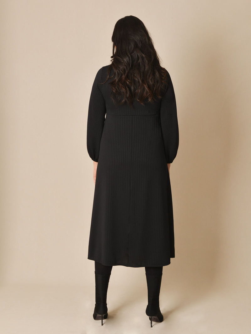 Black Textured Twist Front Jersey Midi Dress
