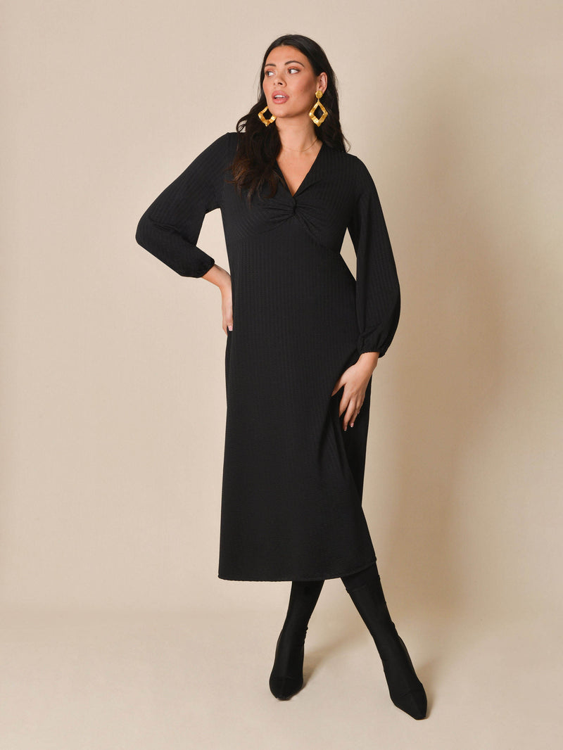 Black Textured Twist Front Jersey Midi Dress