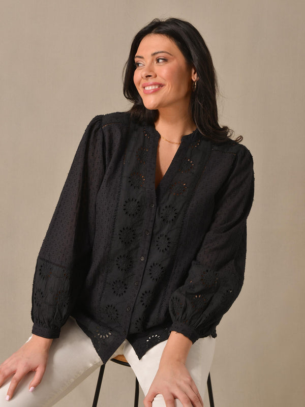 Black Cotton Broderie Detail Blouse