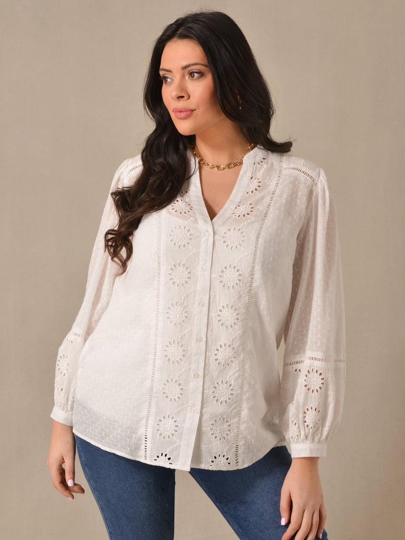 Ivory Cotton Broderie Detail Blouse