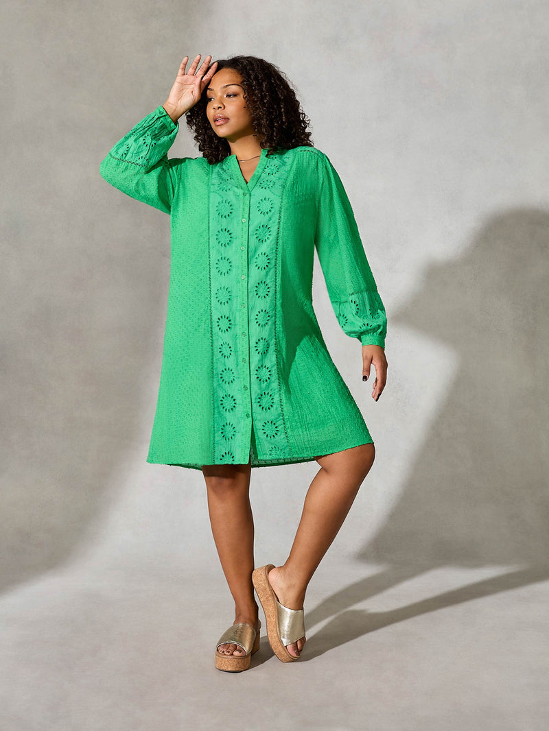 Green Cotton Broderie Shirt Dress