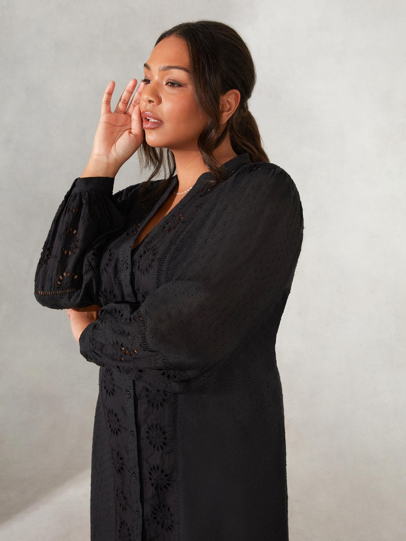 Black Cotton Broderie Shirt dress