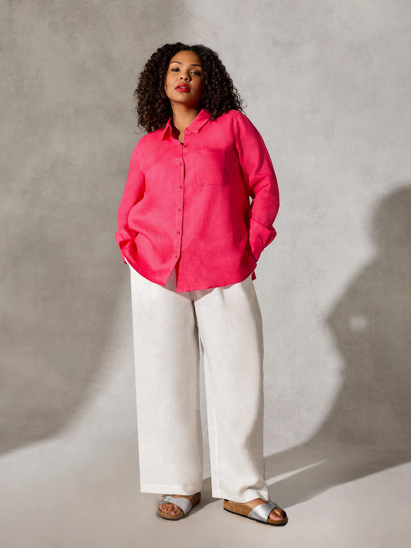 White Linen Straight Wide Leg Trouser