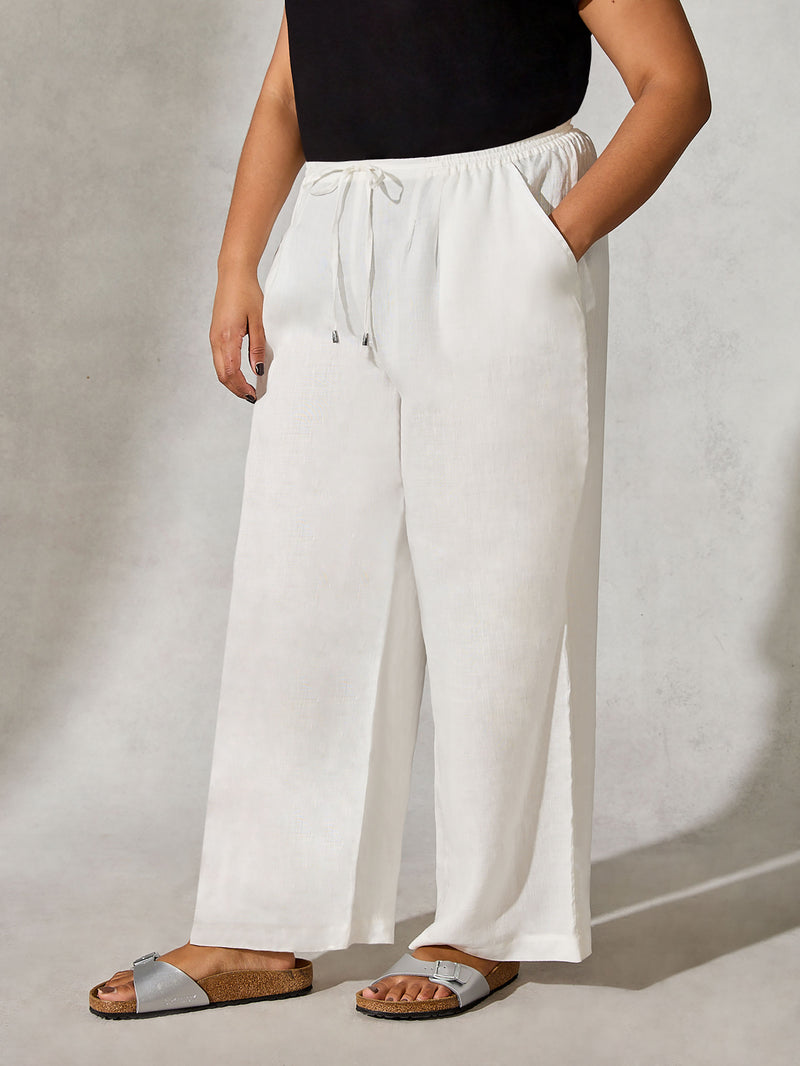 White Linen Straight Wide Leg Trouser