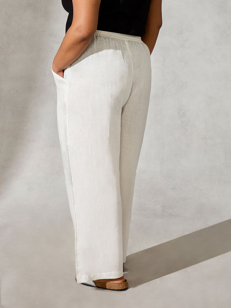White Linen Straight Wide Leg Trouser