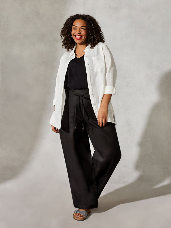 Black Linen Straight Wide Leg Trouser