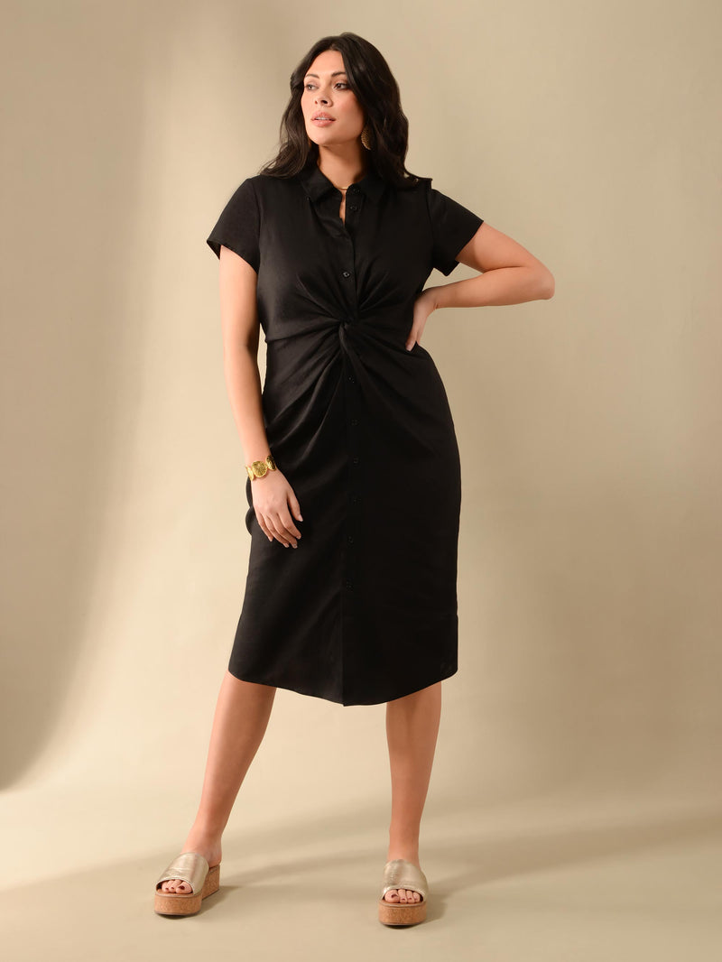 Black Linen Knot Midi Dress