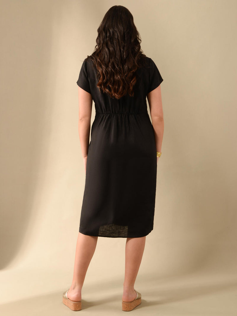 Black Linen Knot Midi Dress