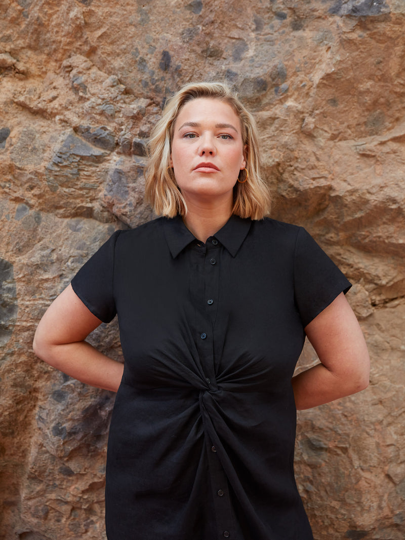 Black Linen Knot Midi Dress