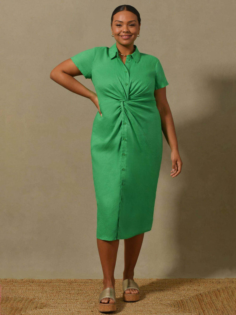 Green Linen Knot Midi Dress