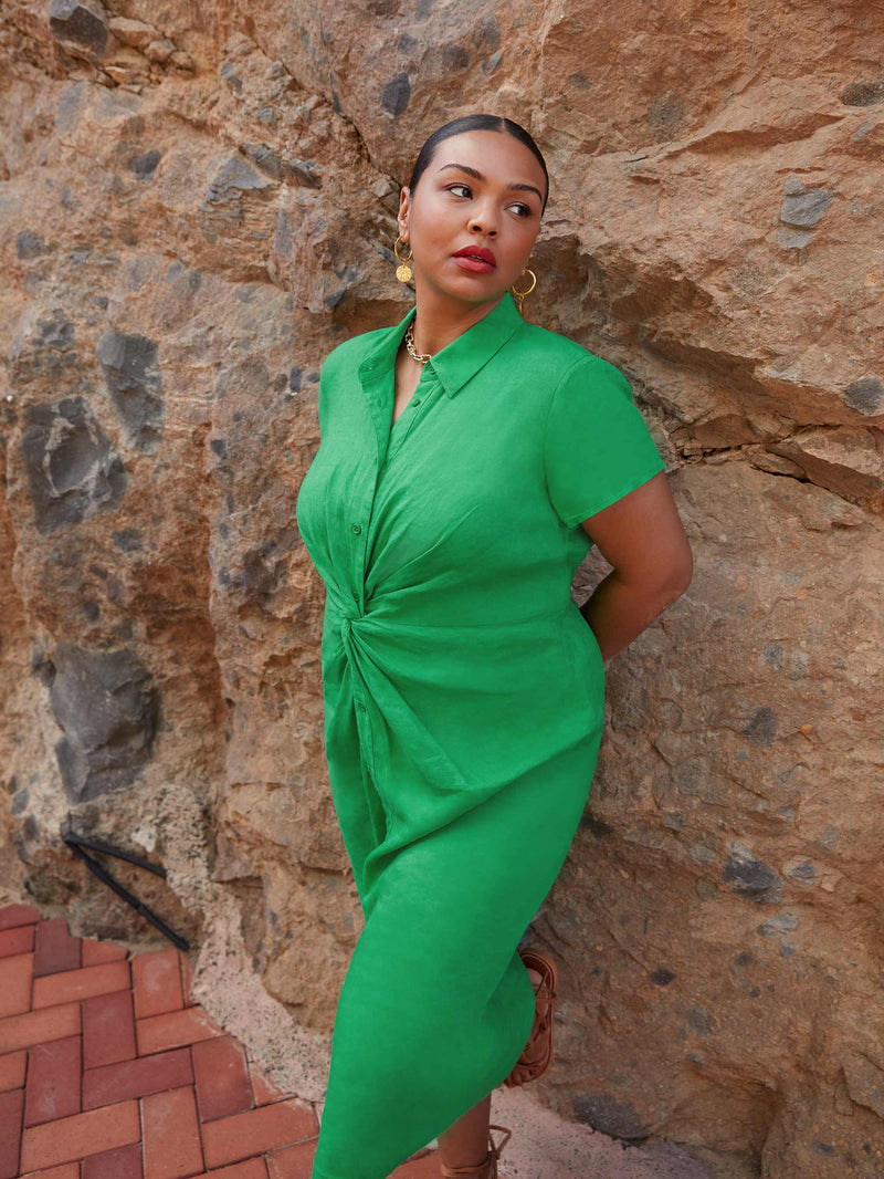 Green Linen Knot Midi Dress