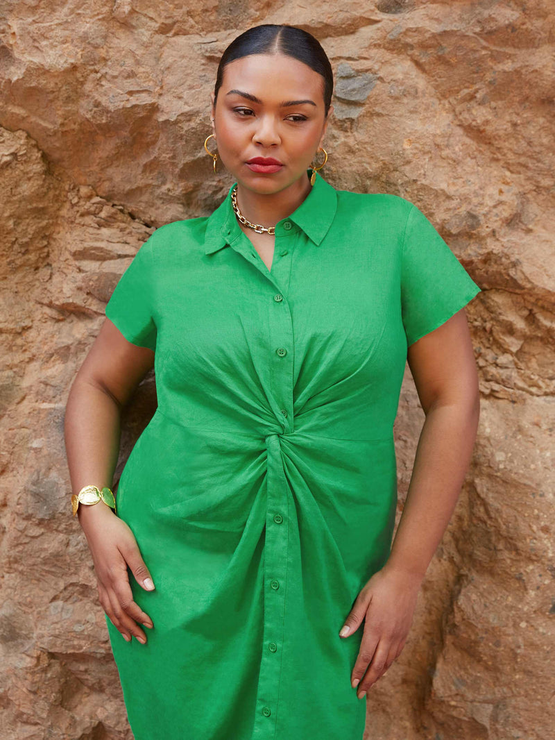 Green Linen Knot Midi Dress