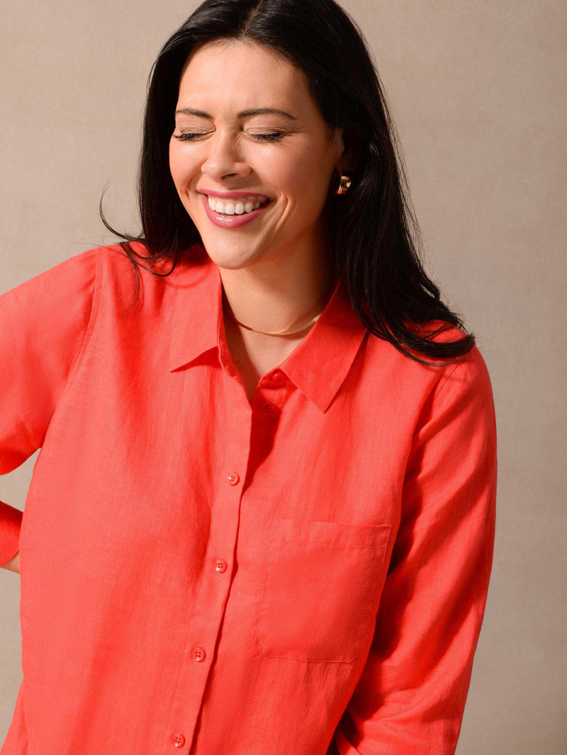 Red Linen Longline Shirt Dress