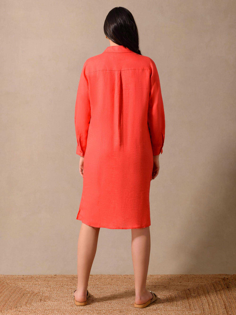 Red Linen Longline Shirt Dress
