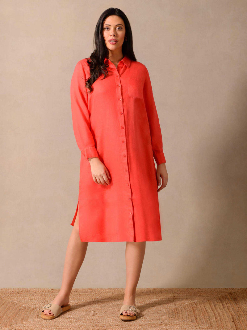 Red Linen Longline Shirt Dress