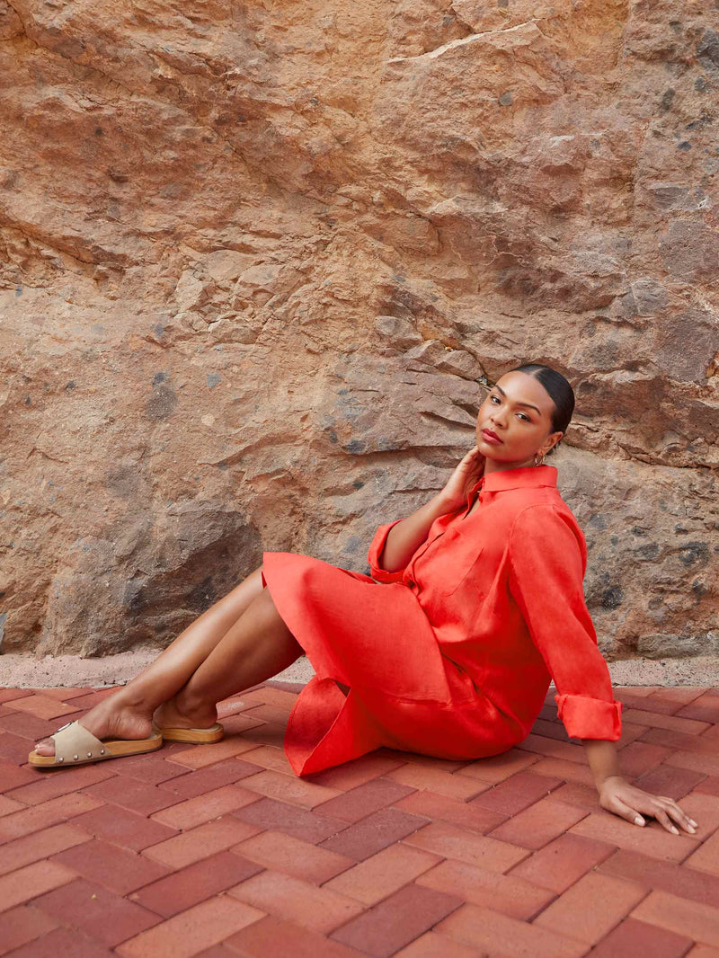 Red Linen Longline Shirt Dress