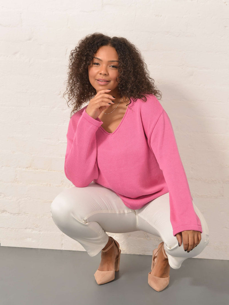 Pink Cotton Mix V-Neck Jumper