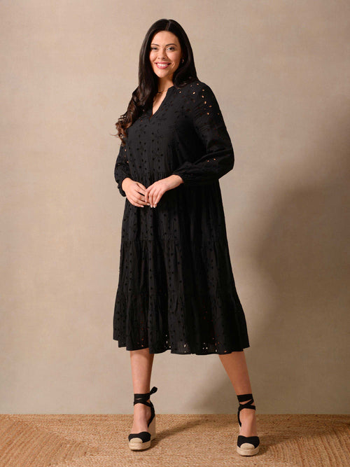 Black Cotton Broderie Midi Dress