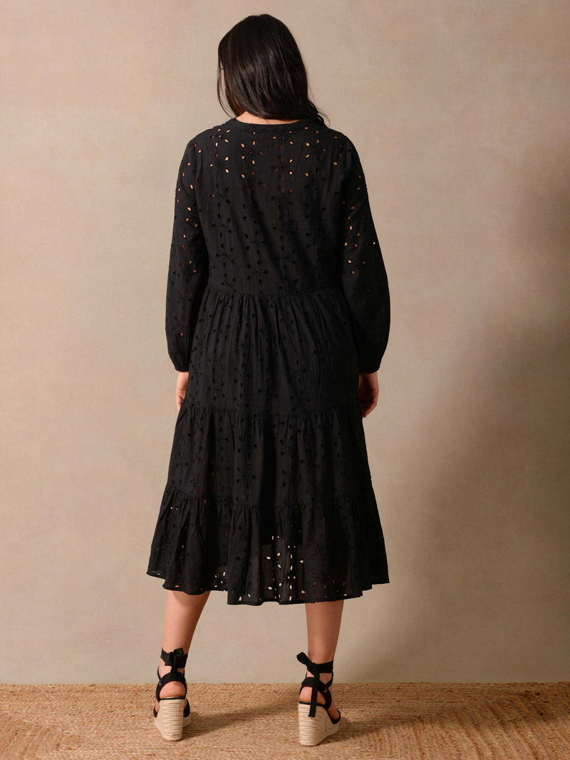 Black Cotton Broderie Midi Dress