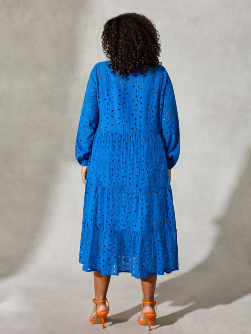 Blue Cotton Broderie Midi Dress