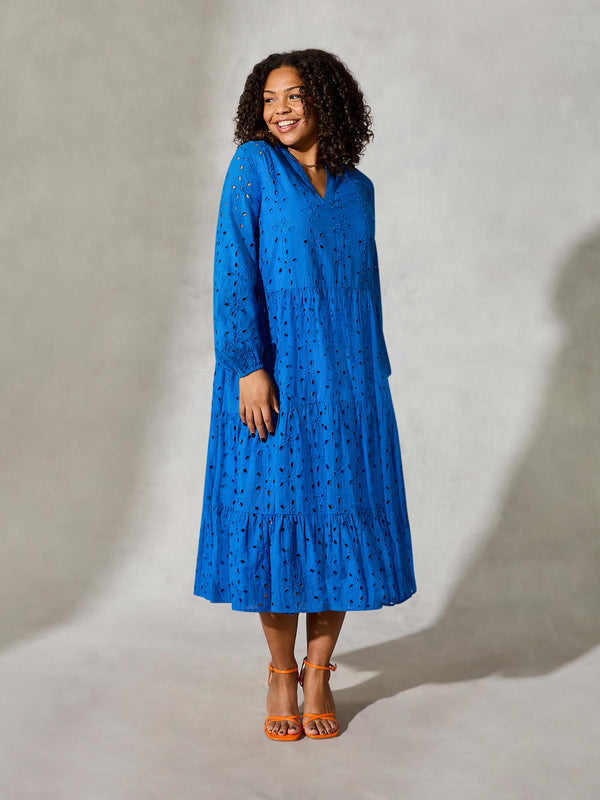 Blue Cotton Broderie Midi Dress