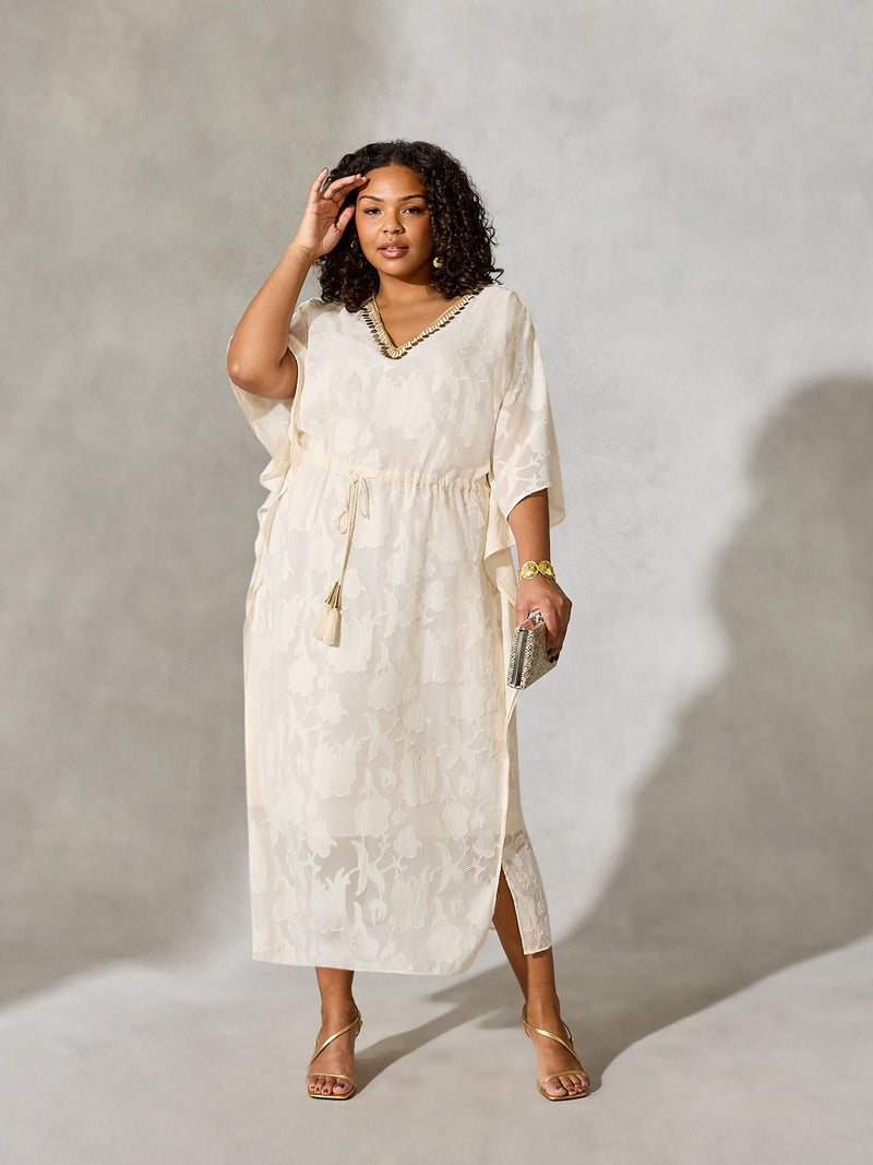 Nude Beaded Jacquard Kaftan Maxi Dress