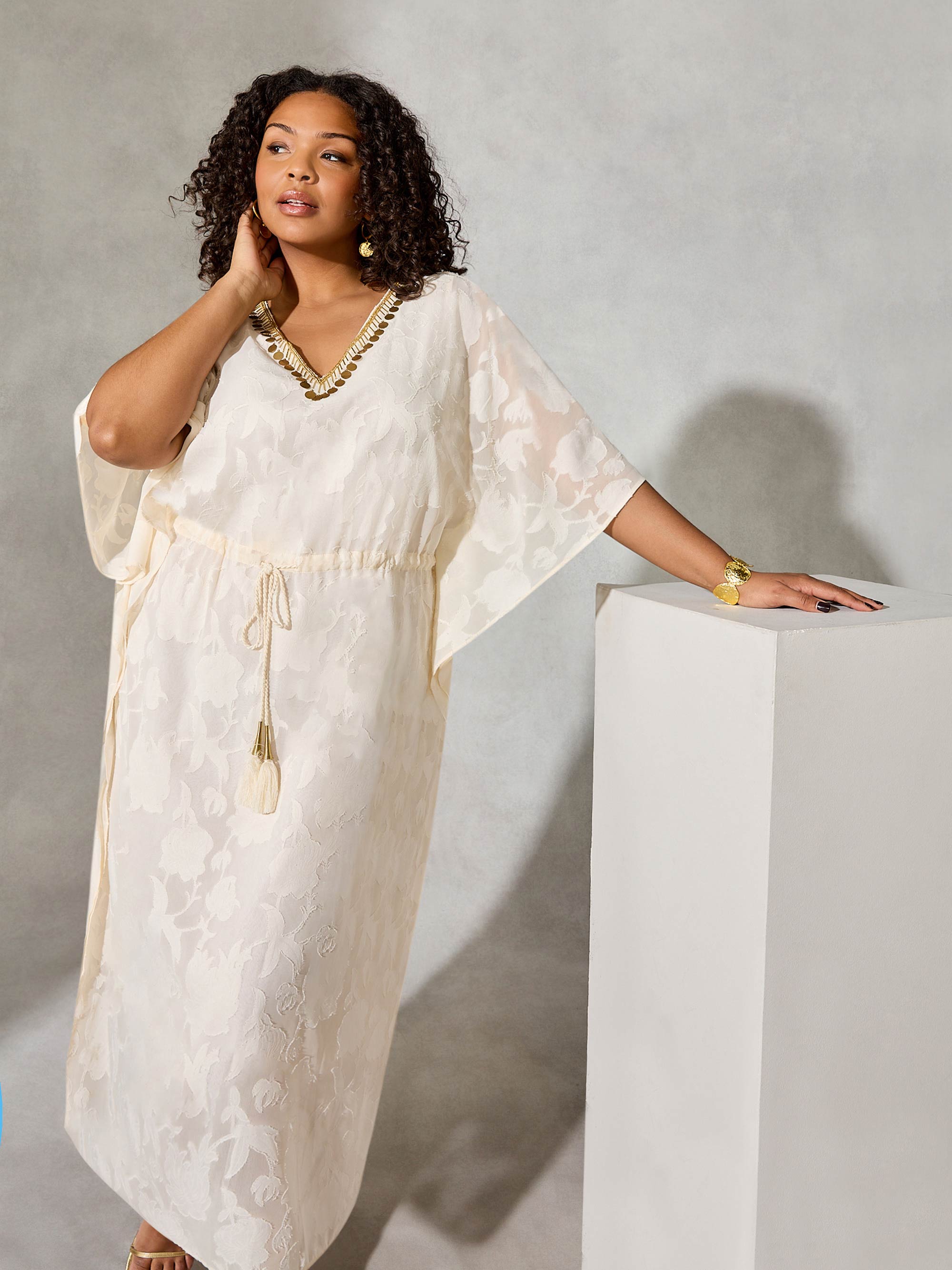 Nude Beaded Jacquard Kaftan Maxi Dress