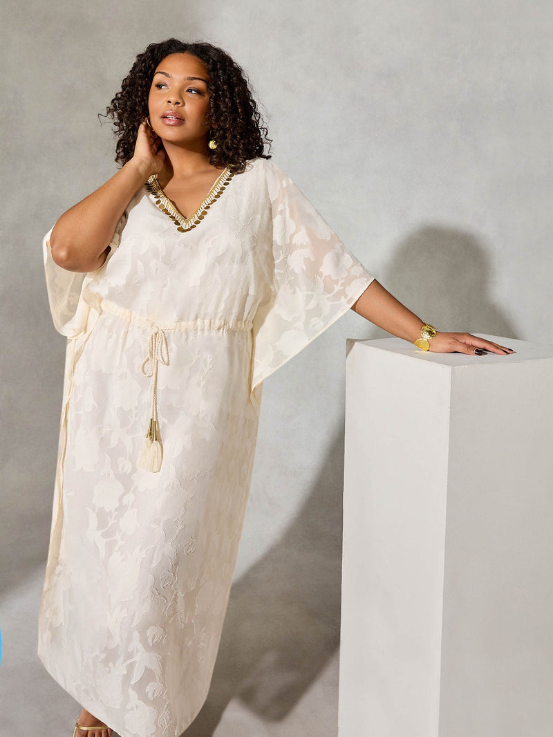 Nude Beaded Jacquard Kaftan Maxi Dress